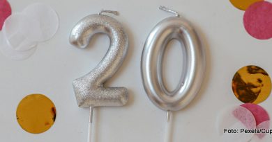 Zwei silberfarbene Zahlen-Kerzen am Stengel, eine 2 und eine 0 - drum herum Konfetti
