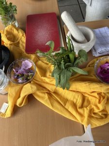 Kräuter, Blüten, Brettchen und Mörser zur Herstellung von Kräutersalz.